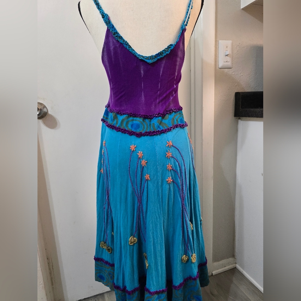 Purple Velvet & Teal Embroidered Boho Dress